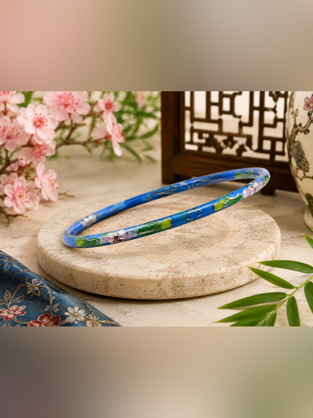 Blue Cloisonné Bangle with Green and Purple Accents